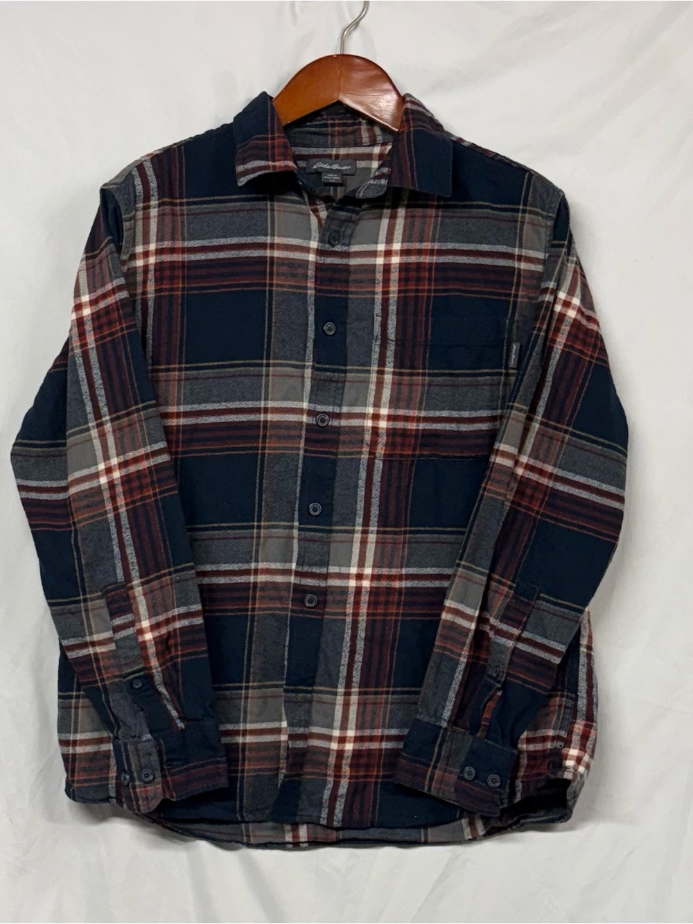 Eddie Bauer Men's Navy, Gray & Brown Plaid Button-Down Flannel Shirt
